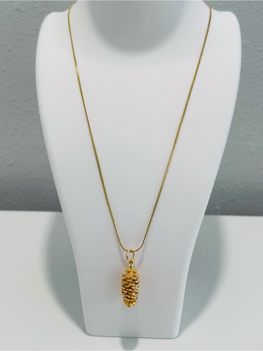 Vintage Pinecone Pendant Necklace Goldtone Chain Marked Korea Spring Ring Clasp